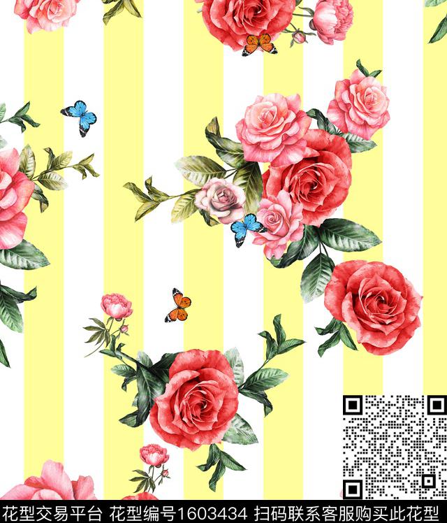 复古条纹花卉数码印花华亿平台下载（图片编号: 1603434） - 瓦栏（Walan）