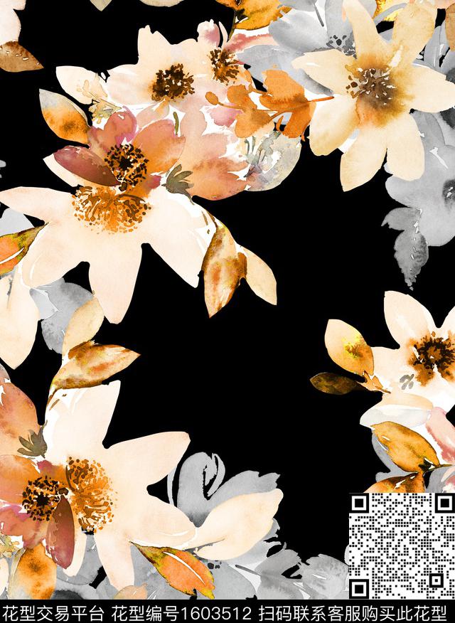 水彩花卉花卉黑底花卉数码印花华亿平台下载（图片编号: 1603512） - 瓦栏（Walan）