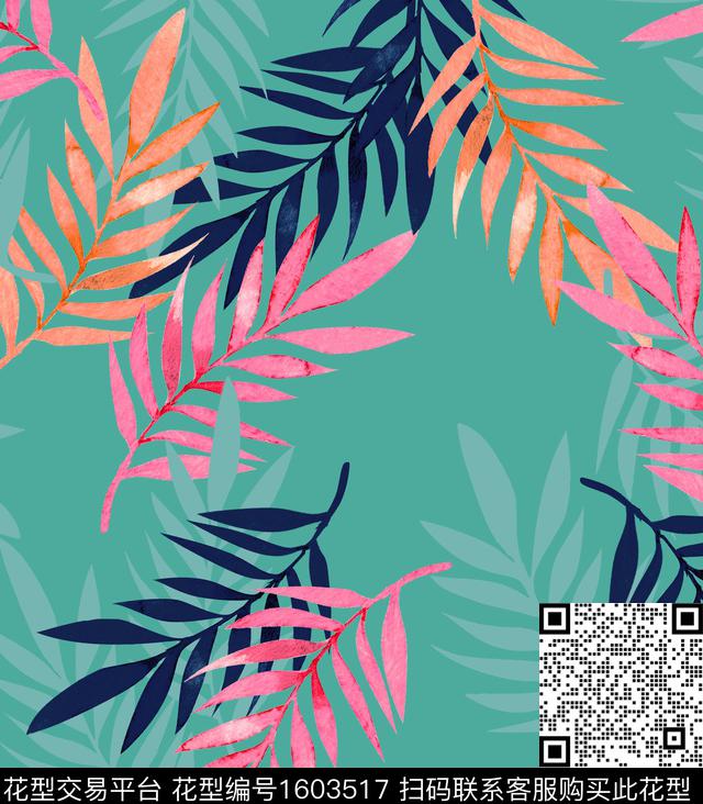 热带叶子剪影数码印花华亿平台下载（图片编号: 1603517） - 瓦栏（Walan）