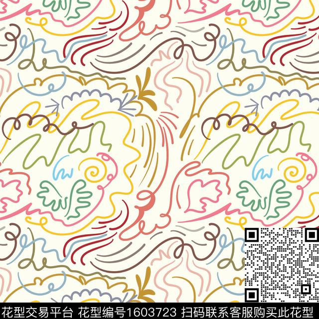 线条画抽象小清新数码印花华亿平台下载（图片编号: 1603723） - 瓦栏（Walan）