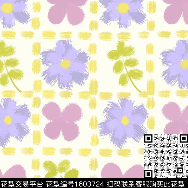 花卉格子笔触数码印花华亿平台下载（图片编号: 1603724） - 瓦栏（Walan）