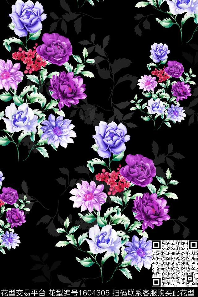影花黑底花卉花卉数码印花华亿平台下载（图片编号: 1604305） - 瓦栏（Walan）