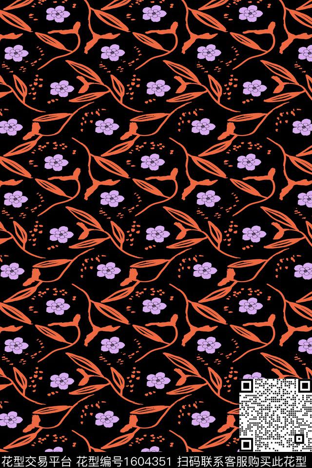 花卉黑底花卉黑白华亿平台传统印花华亿平台下载（图片编号: 1604351） - 瓦栏（Walan）