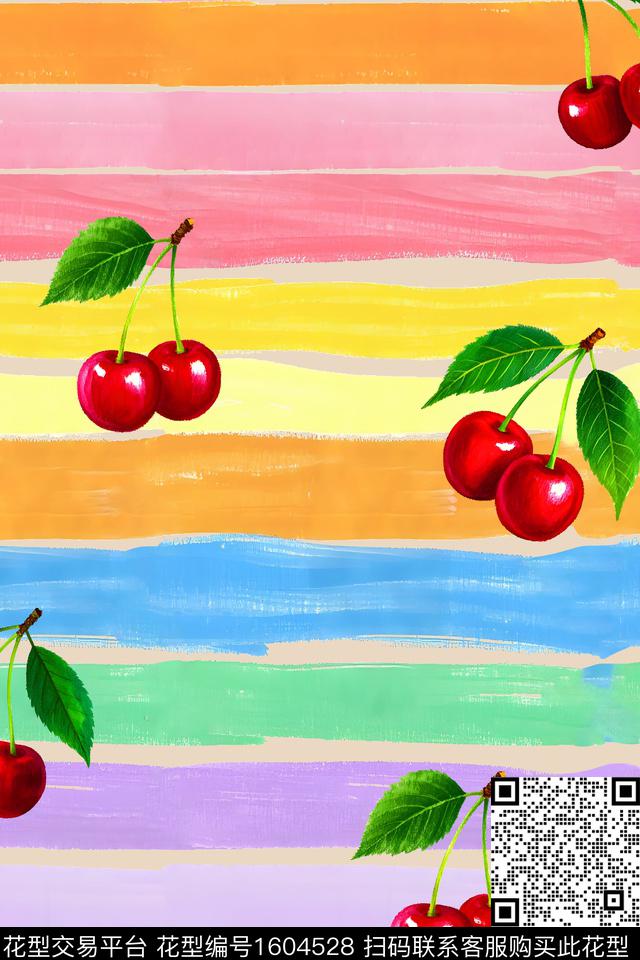 条纹水彩樱桃数码印花华亿平台下载（图片编号: 1604528） - 瓦栏（Walan）