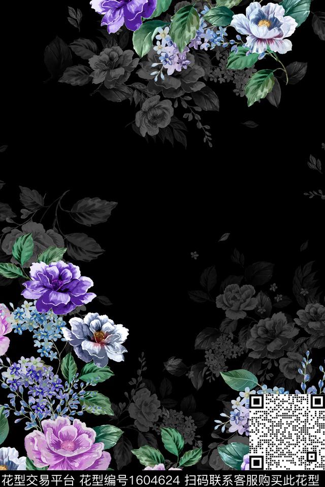 影花黑底花卉花卉数码印花华亿平台下载（图片编号: 1604624） - 瓦栏（Walan）