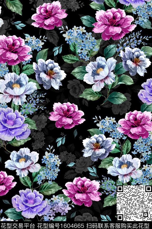 影花黑底花卉花卉数码印花华亿平台下载（图片编号: 1604665） - 瓦栏（Walan）