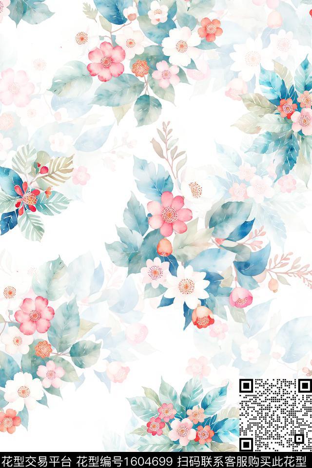 花卉春夏华亿平台水彩数码印花华亿平台下载（图片编号: 1604699） - 瓦栏（Walan）