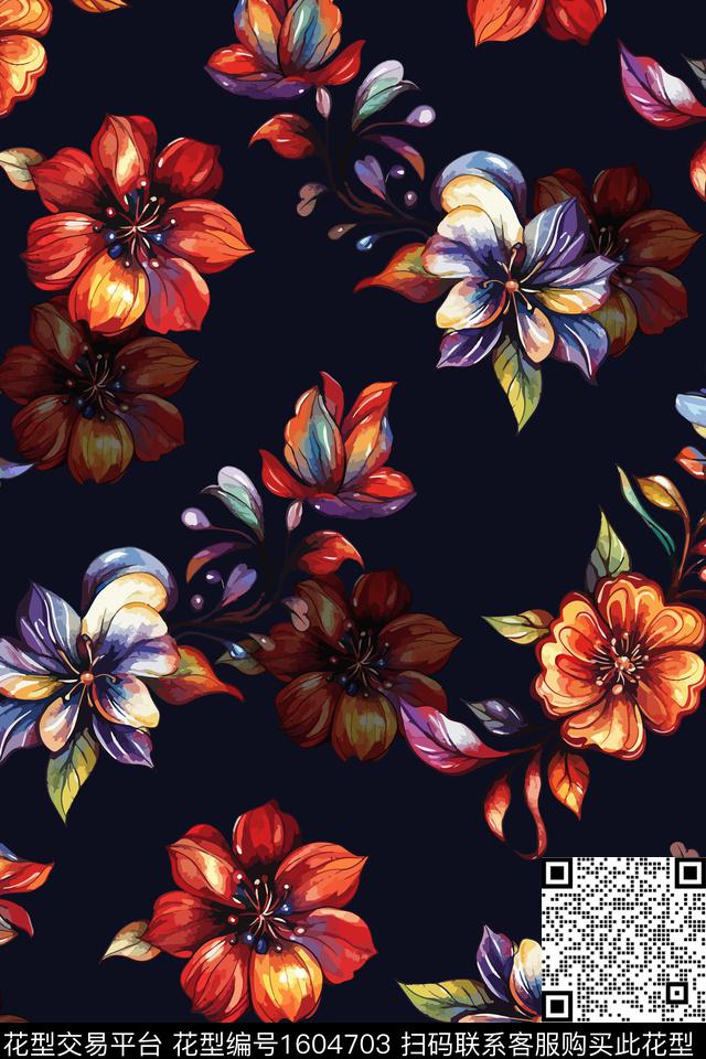 花卉女装黑底花卉数码印花华亿平台下载（图片编号: 1604703） - 瓦栏（Walan）