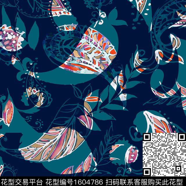 水彩叶子佩斯利数码印花华亿平台下载（图片编号: 1604786） - 瓦栏（Walan）