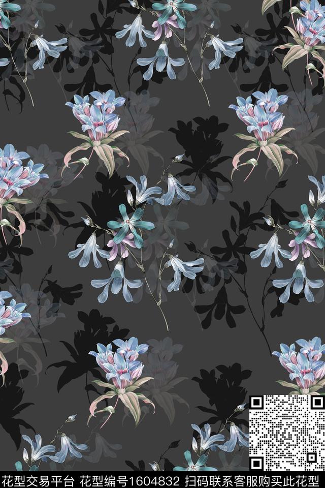 影花花卉黑底花卉数码印花华亿平台下载（图片编号: 1604832） - 瓦栏（Walan）
