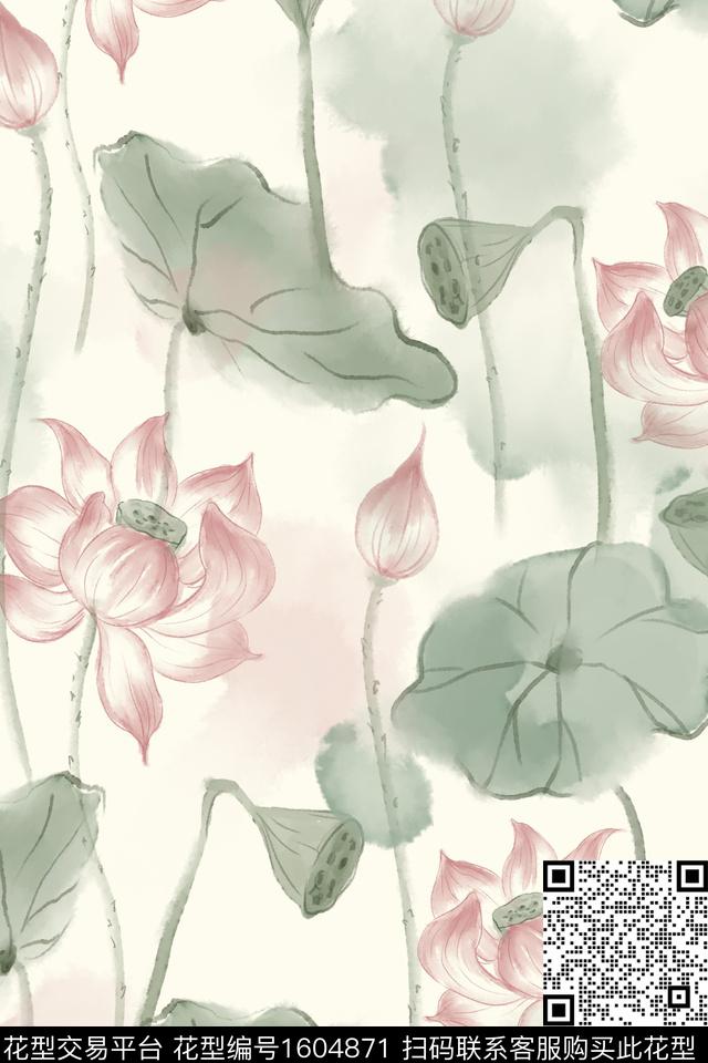 荷花水墨风中国风数码印花华亿平台下载（图片编号: 1604871） - 瓦栏（Walan）