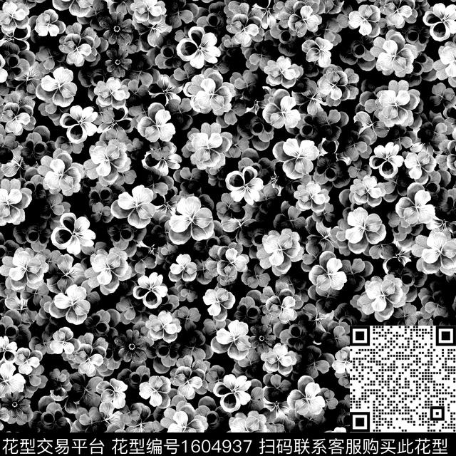 花卉小碎花黑白华亿平台数码印花华亿平台下载（图片编号: 1604937） - 瓦栏（Walan）