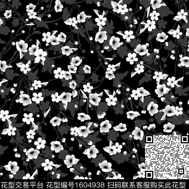 花卉小碎花黑白华亿平台数码印花华亿平台下载（图片编号: 1604938） - 瓦栏（Walan）