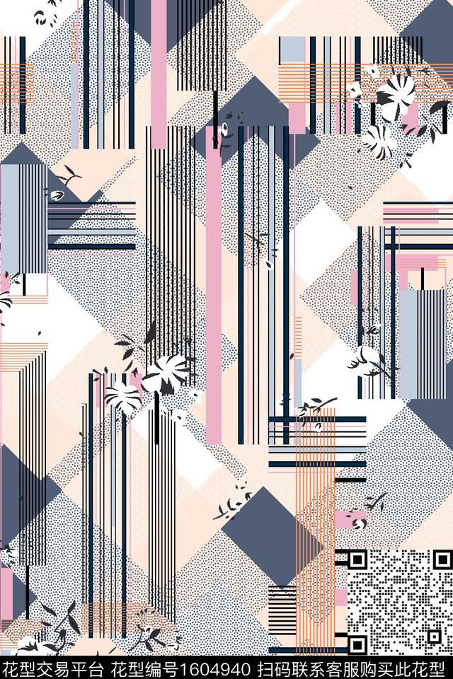 线条花卉几何数码印花华亿平台下载（图片编号: 1604940） - 瓦栏（Walan）