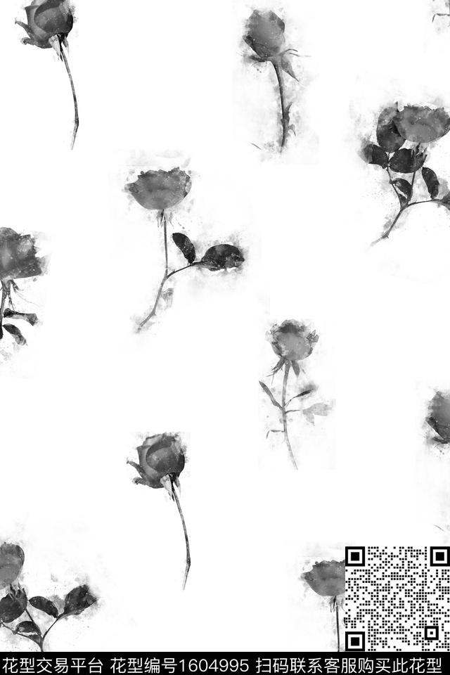 水墨风花卉黑白华亿平台数码印花华亿平台下载（图片编号: 1604995） - 瓦栏（Walan）