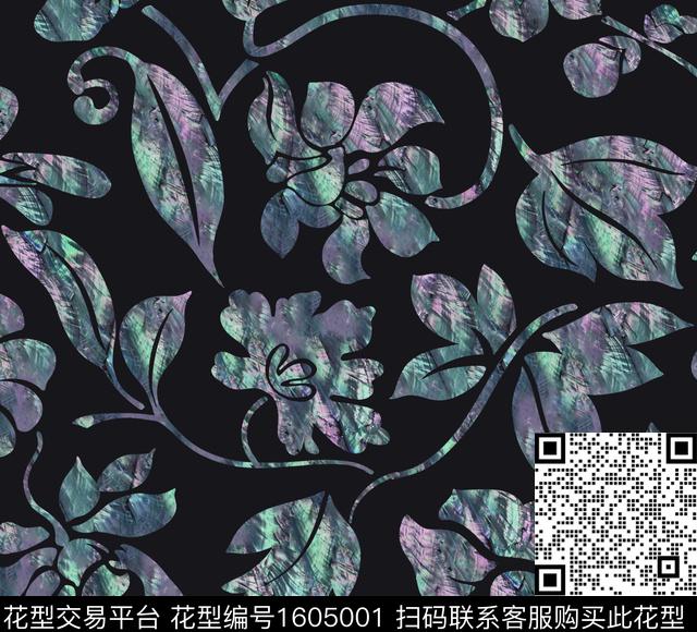 花卉黑底花卉剪影数码印花华亿平台下载（图片编号: 1605001） - 瓦栏（Walan）
