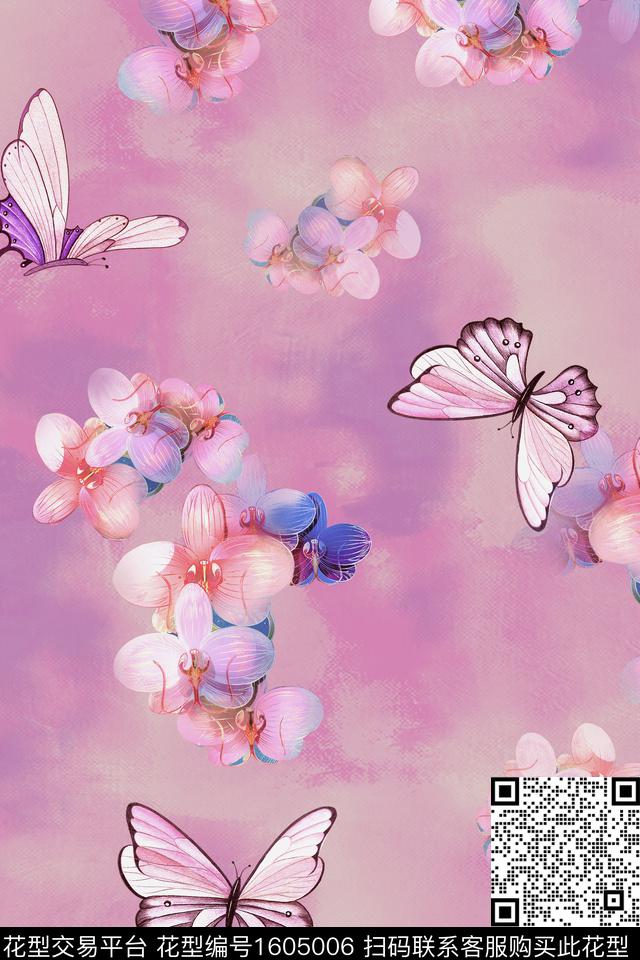 晕染肌理花卉蝴蝶数码印花华亿平台下载（图片编号: 1605006） - 瓦栏（Walan）