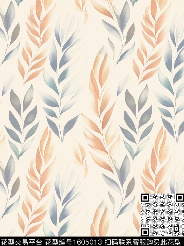 素雅绿植树叶水彩数码印花华亿平台下载（图片编号: 1605013） - 瓦栏（Walan）