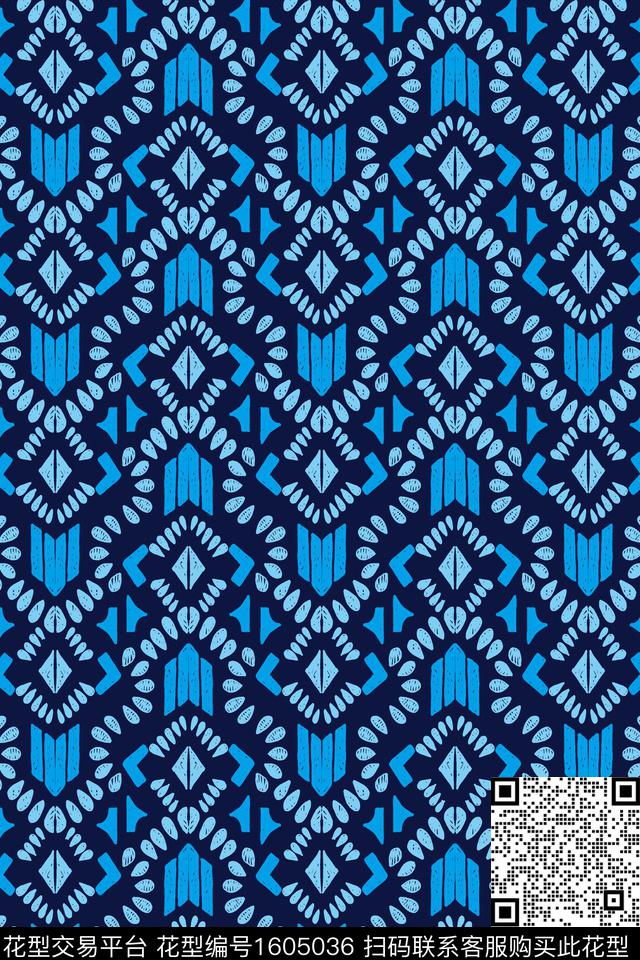 民族风对称蓝色数码印花华亿平台下载（图片编号: 1605036） - 瓦栏（Walan）