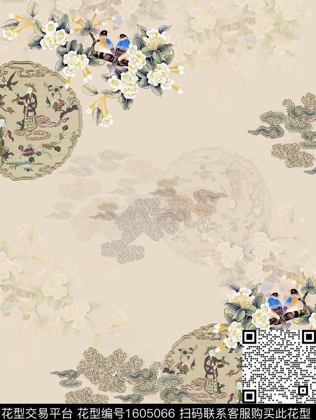 中国风花鸟旗袍数码印花华亿平台下载（图片编号: 1605066） - 瓦栏（Walan）