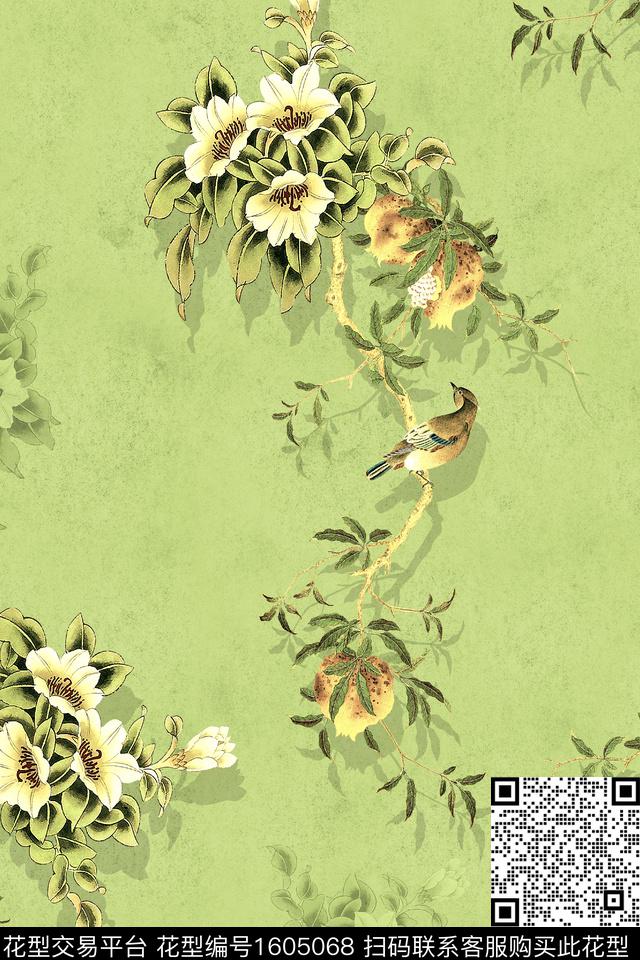 中国风花鸟旗袍数码印花华亿平台下载（图片编号: 1605068） - 瓦栏（Walan）