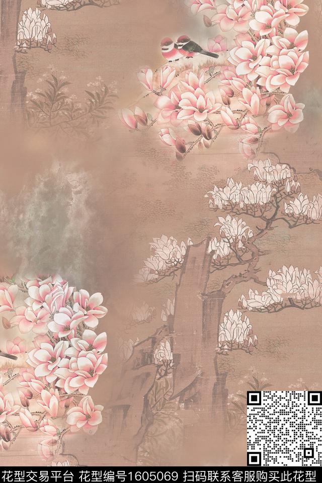 中国风花鸟旗袍数码印花华亿平台下载（图片编号: 1605069） - 瓦栏（Walan）