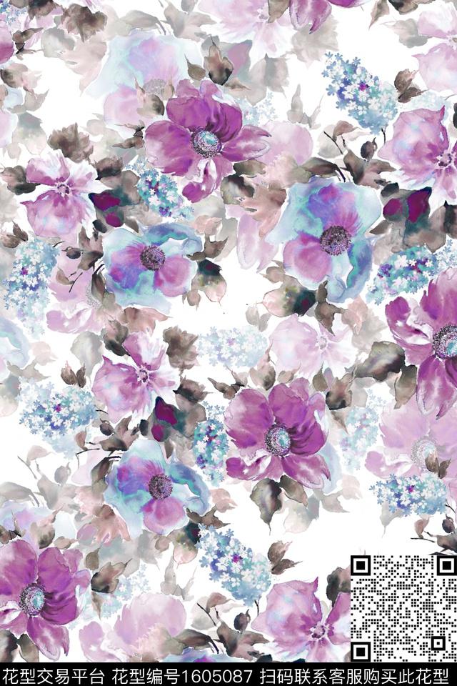 花卉水彩花卉影花数码印花华亿平台下载（图片编号: 1605087） - 瓦栏（Walan）