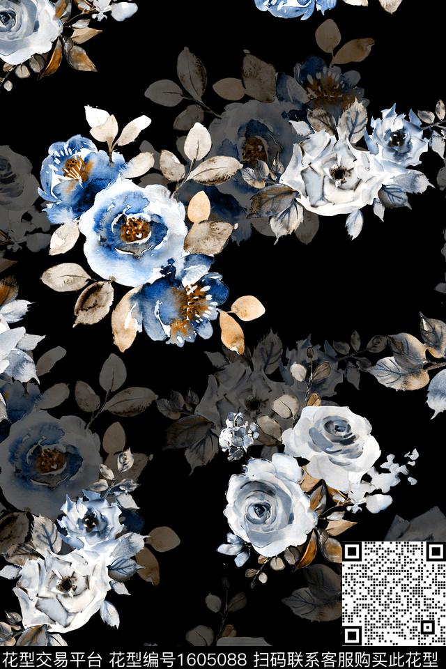 黑底花卉花卉水彩花卉数码印花华亿平台下载（图片编号: 1605088） - 瓦栏（Walan）