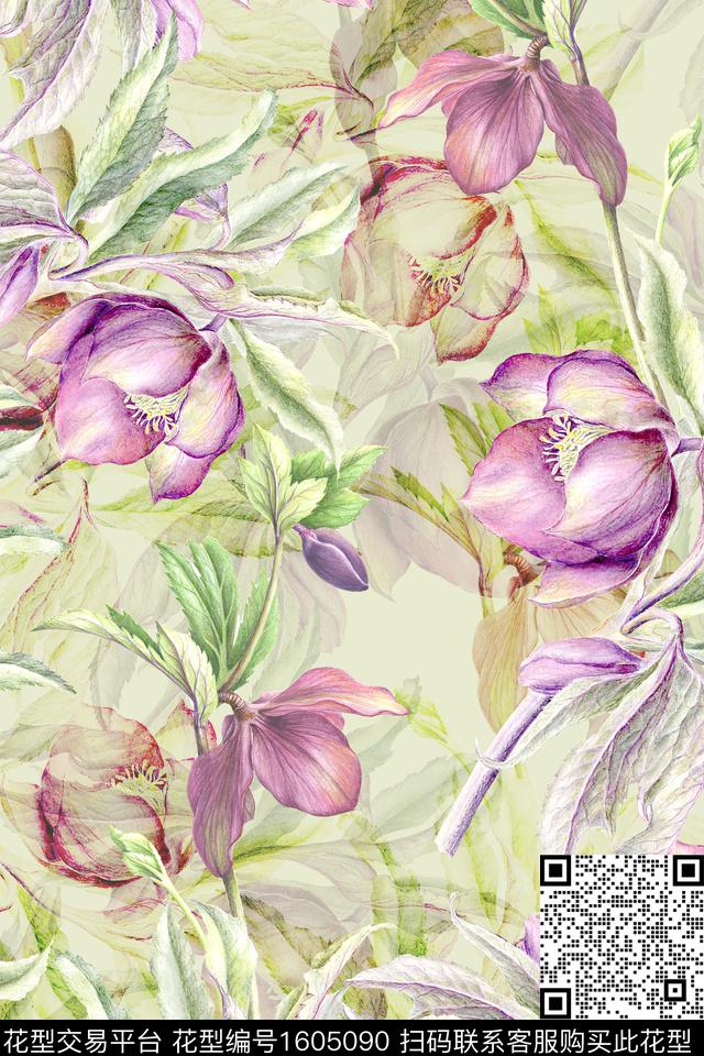 花卉水彩花卉影花数码印花华亿平台下载（图片编号: 1605090） - 瓦栏（Walan）