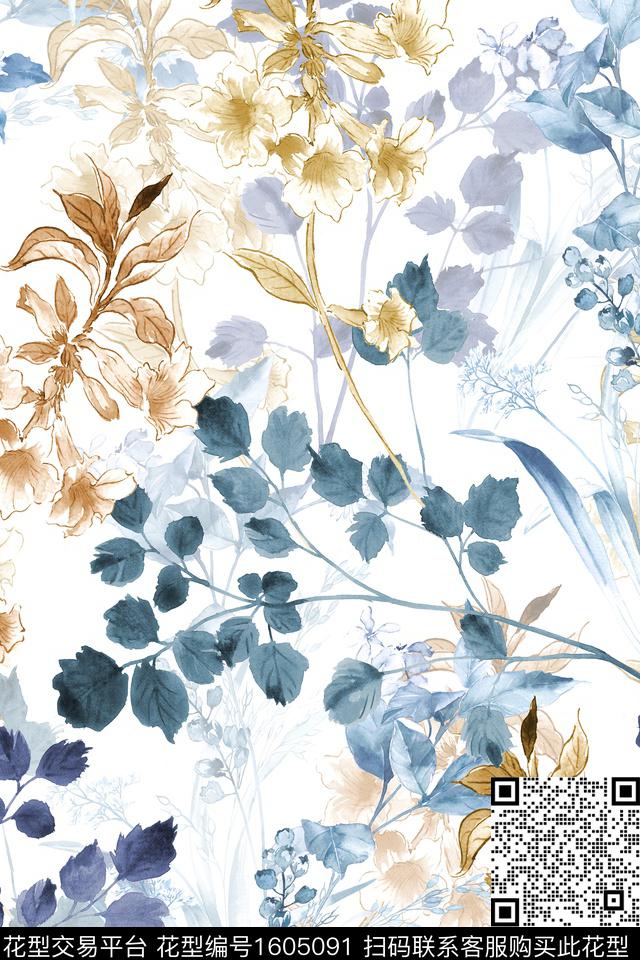 花卉水彩花卉影花数码印花华亿平台下载（图片编号: 1605091） - 瓦栏（Walan）