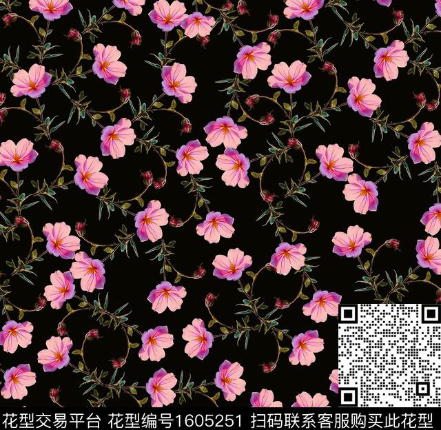 黑底花卉花卉小碎花数码印花华亿平台下载（图片编号: 1605251） - 瓦栏（Walan）