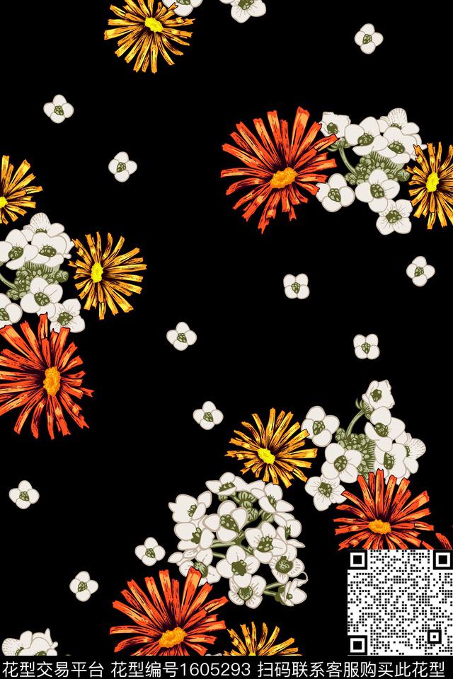 植物花卉深色底华亿平台数码印花华亿平台下载（图片编号: 1605293） - 瓦栏（Walan）