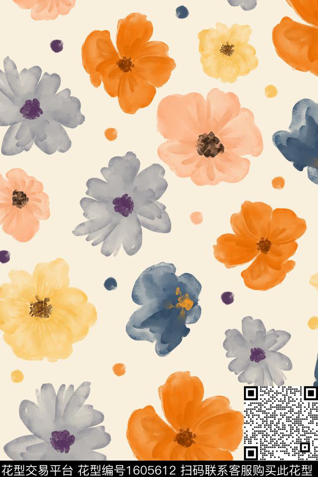 花卉水彩花卉波点数码印花华亿平台下载（图片编号: 1605612） - 瓦栏（Walan）