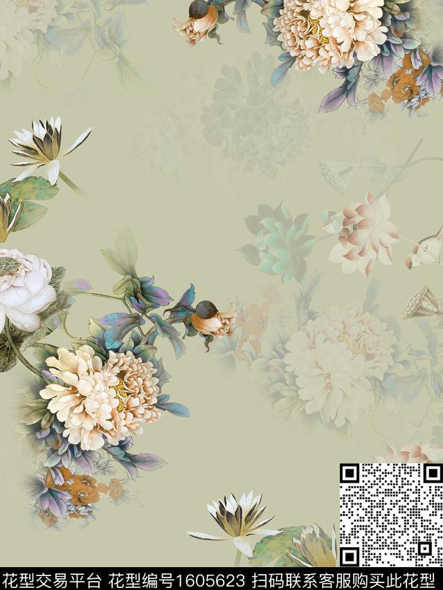 影花中国风花卉数码印花华亿平台下载（图片编号: 1605623） - 瓦栏（Walan）
