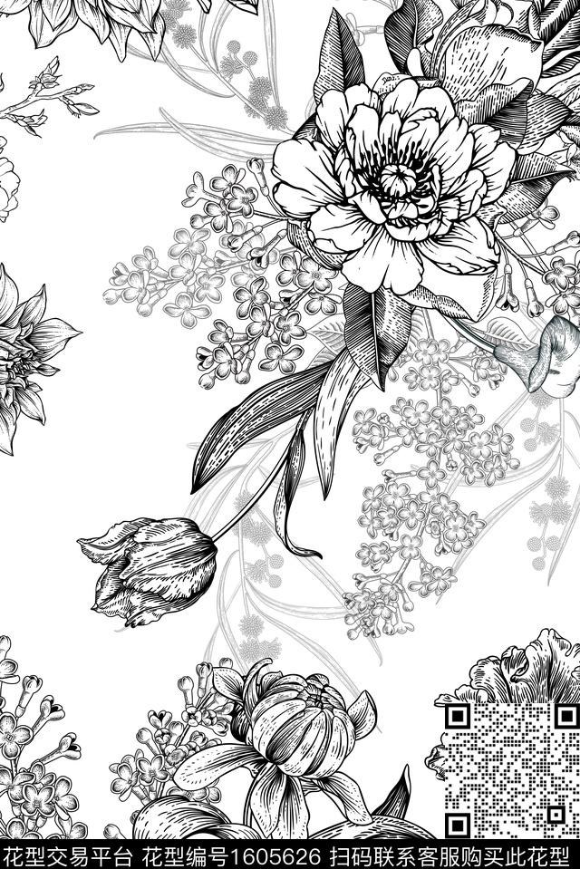 植物花卉黑白华亿平台传统印花华亿平台下载（图片编号: 1605626） - 瓦栏（Walan）