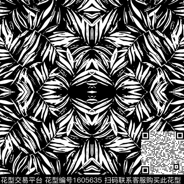 黑白对称绿植树叶传统印花华亿平台下载（图片编号: 1605635） - 瓦栏（Walan）