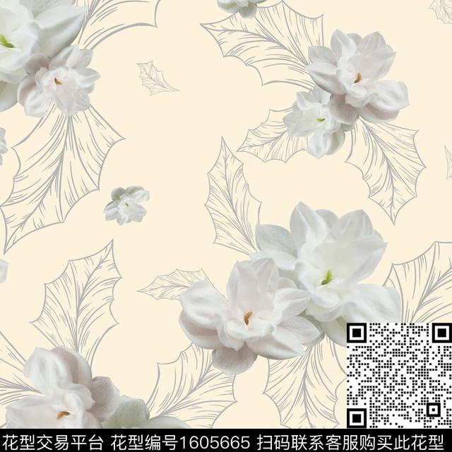 栀子花小清新花卉数码印花华亿平台下载（图片编号: 1605665） - 瓦栏（Walan）