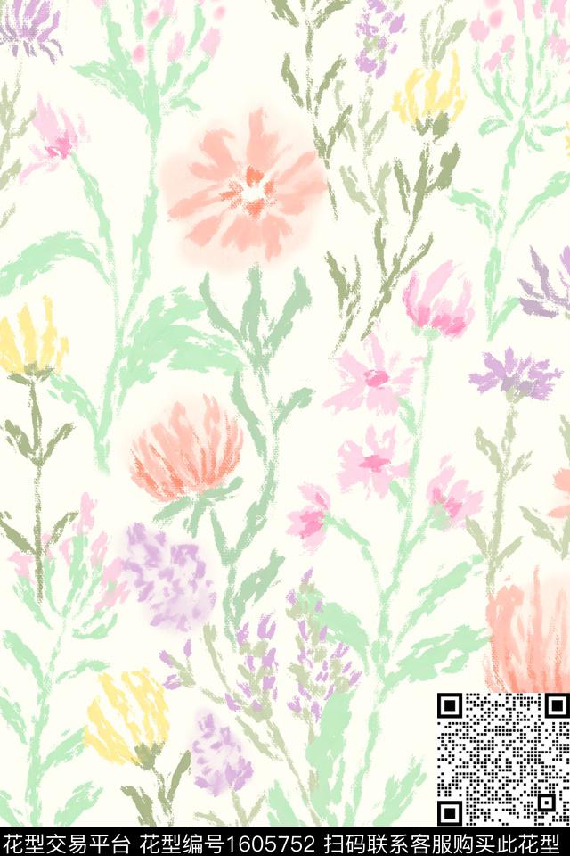 小清新清爽底花卉少女数码印花华亿平台下载（图片编号: 1605752） - 瓦栏（Walan）