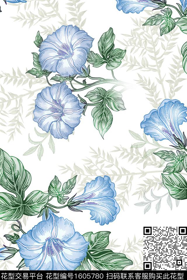 清爽底花卉花卉牵牛花数码印花华亿平台下载（图片编号: 1605780） - 瓦栏（Walan）
