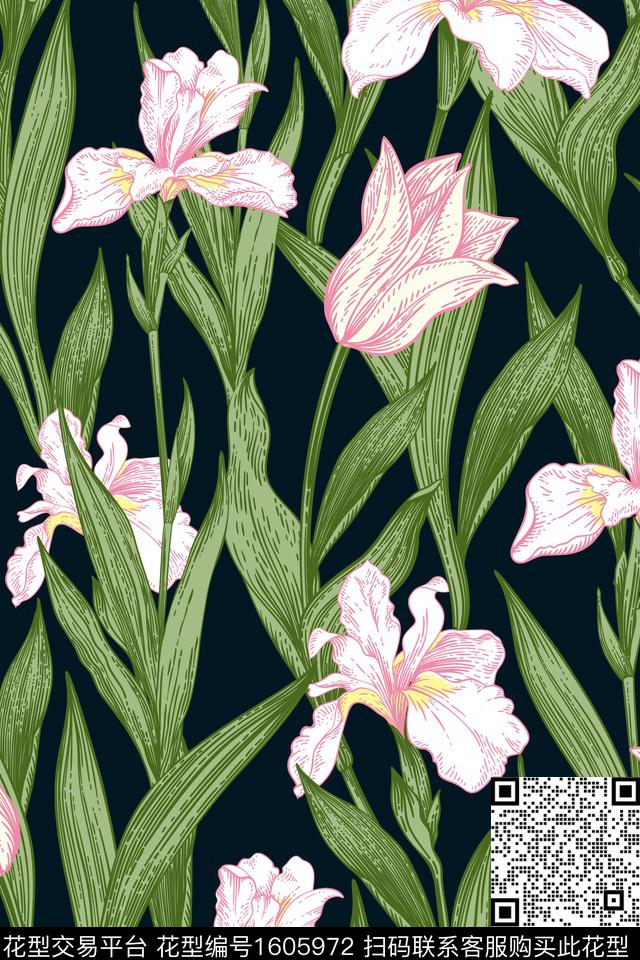 黑底花卉花卉春夏华亿平台数码印花华亿平台下载（图片编号: 1605972） - 瓦栏（Walan）
