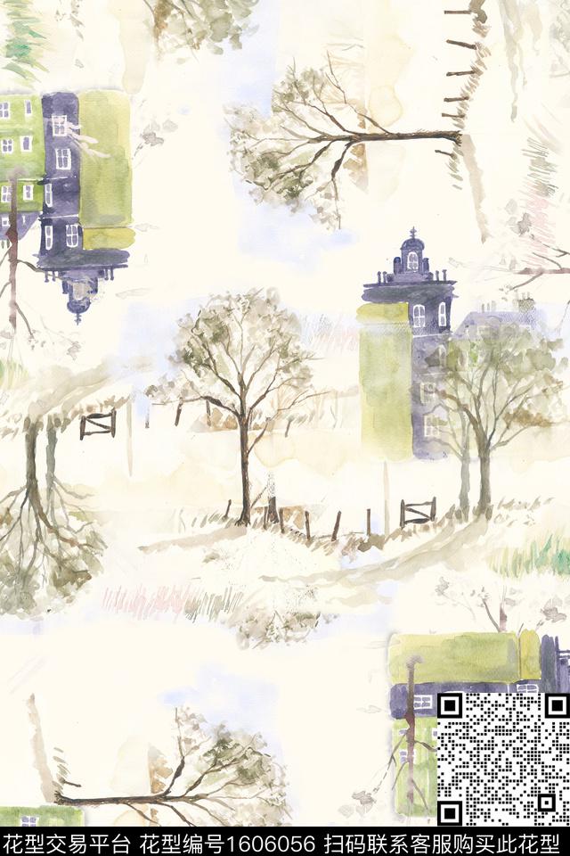 水彩风景景观房屋数码印花华亿平台下载（图片编号: 1606056） - 瓦栏（Walan）