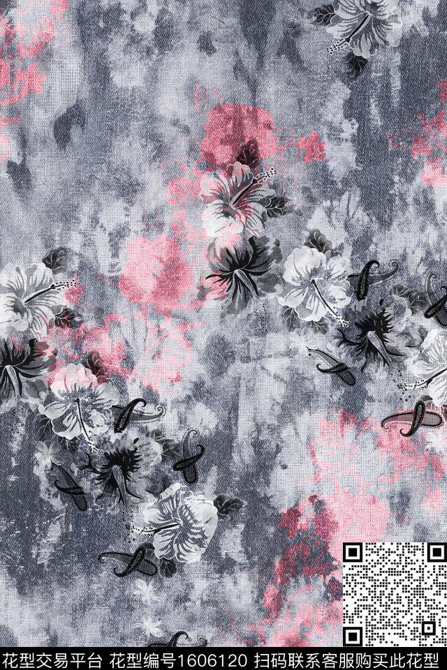 牛仔布花卉影花数码印花华亿平台下载（图片编号: 1606120） - 瓦栏（Walan）