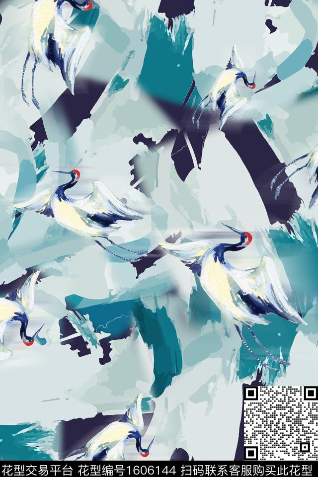 仙鹤笔触中国风数码印花华亿平台下载（图片编号: 1606144） - 瓦栏（Walan）