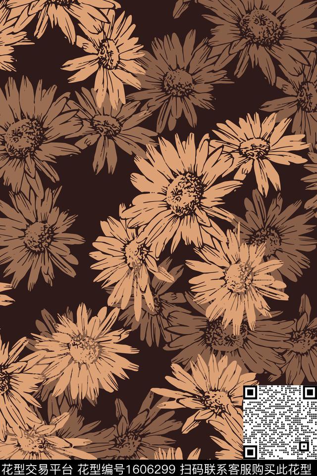 花卉黑底花卉雏菊传统印花华亿平台下载（图片编号: 1606299） - 瓦栏（Walan）