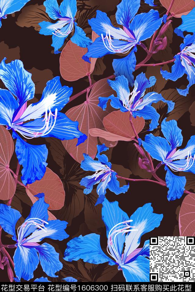 影花黑底花卉花卉数码印花华亿平台下载（图片编号: 1606300） - 瓦栏（Walan）