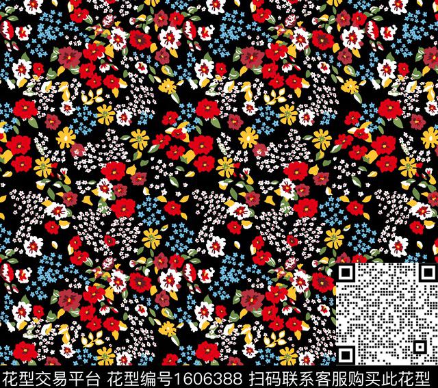 花卉黑底花卉小碎花数码印花华亿平台下载（图片编号: 1606388） - 瓦栏（Walan）