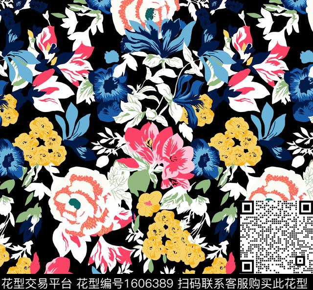 花卉黑底花卉平面花卉传统印花华亿平台下载（图片编号: 1606389） - 瓦栏（Walan）