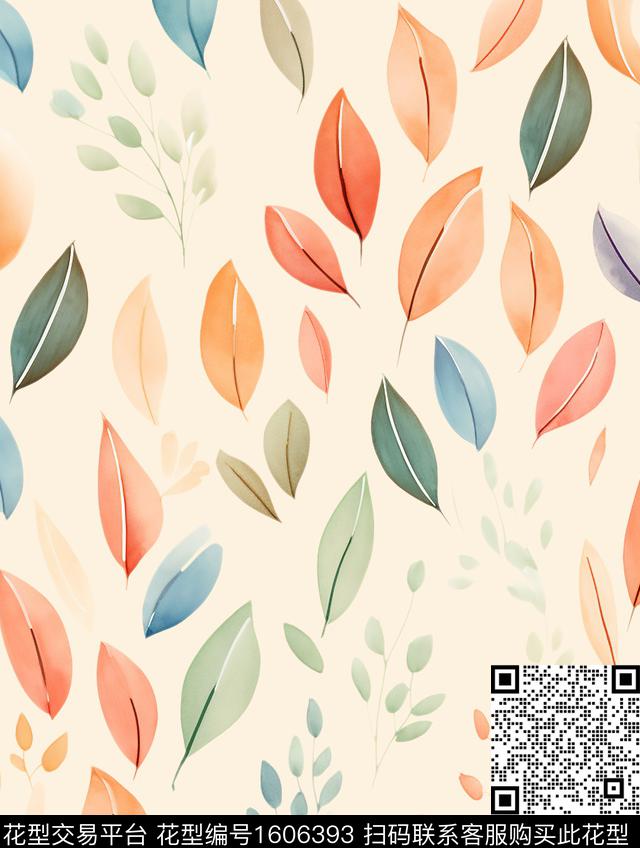 清爽水彩叶子数码印花华亿平台下载（图片编号: 1606393） - 瓦栏（Walan）