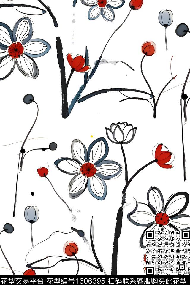 水墨风花卉水彩花卉数码印花华亿平台下载（图片编号: 1606395） - 瓦栏（Walan）