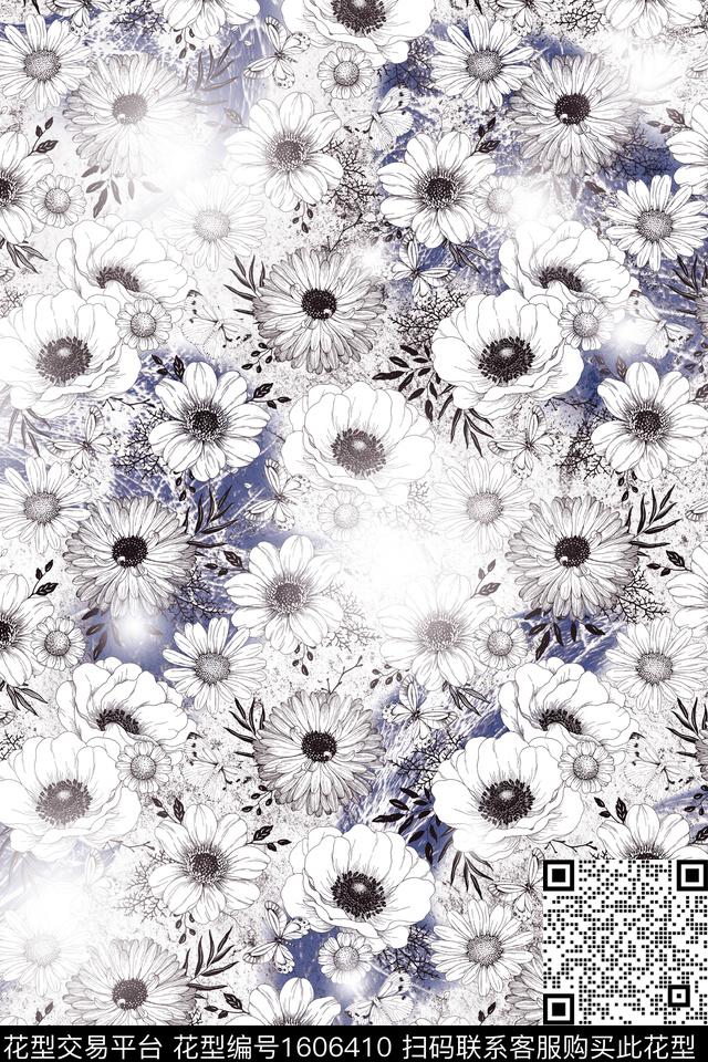 花卉渐变蝴蝶数码印花华亿平台下载（图片编号: 1606410） - 瓦栏（Walan）